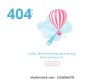 Concept 404 error warning message for website, banner or presentation with man and spyglass looking for missed page on hot air balloon in blue sky. Vector illustration for 404 error mobile app page