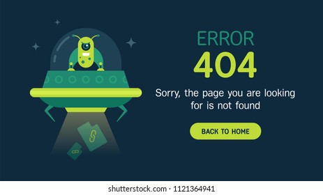 The concept of 404 error web page with alien in the open space and space ship. Very creative idea. Perfect for sites under constructions. Vector. Flat.