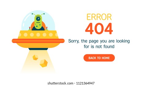 The concept of 404 error web page with alien in the open space and space ship. Very creative idea. Perfect for sites under constructions. Vector. Flat.