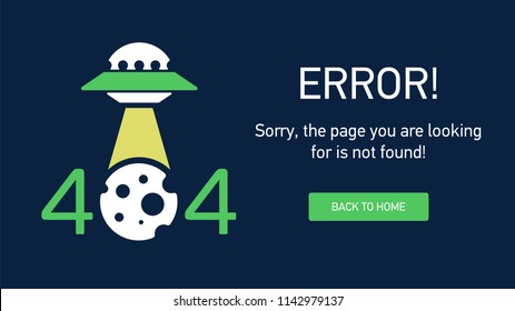 The concept of 404 error web page with UFO space ships. Very good idea. Perfect for sites under constructions. Vector. Flat.