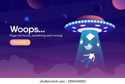 The concept of 404 error web page open space between different planets, comets, stars and UFO ship. Vector Illustration