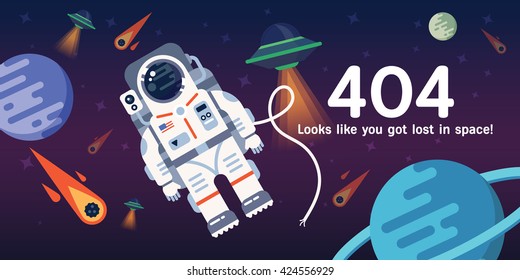 The concept of 404 error web page with astronaut in the open space between different palnets, comets, stars and space ships. Very good idea. Perfect for sites under constructions. Vector. Flat.