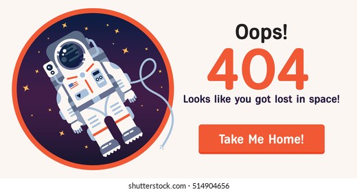 The concept of 404 error web page with astronaut in the open space between different planets, comets, stars and space ships. Very good idea. Perfect for sites under constructions. Vector. Flat.