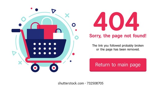 The concept of 404 error web page with shopping bag full of presents and boxes and gifts. Very good idea. Perfect for sites under constructions. Vector. Flat. Material design