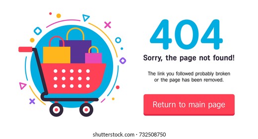 The concept of 404 error web page with shopping bag full of presents and boxes and gifts. Very good idea. Perfect for sites under constructions. Vector. Flat. Material design