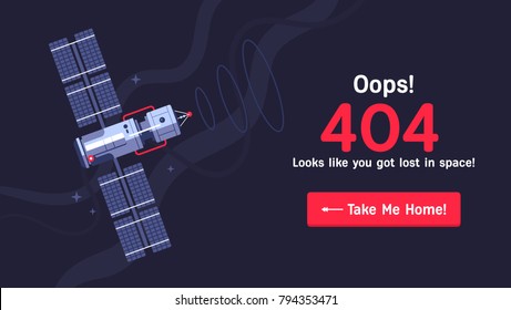 The concept of 404 error web page with satellite in the open space between different palnets, comets, stars and space ships. Very good idea. Perfect for sites under constructions. Vector. Flat.