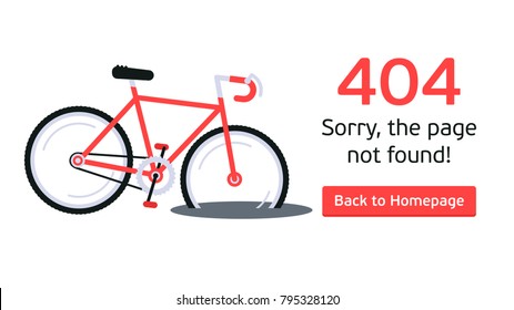 The concept of 404 error web page with broken bicycle in the puddle. Very good idea. Perfect for sites under constructions. Vector. Flat.