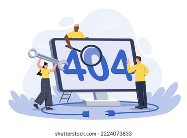Concept of 404 page. Man with magnifying glass and woman with wrench next to monitor screen. Modern technologies and digital world. Technical support and programmers. Cartoon flat vector illustration