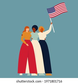 Concept 4th of july calendar, set of plants. For posters, 4th of July, t-shirts, social media. Girls of different nationalities hold the usa flag