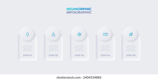 Concept of 5 stages of strategy development. Infographic design template in neumorphic style