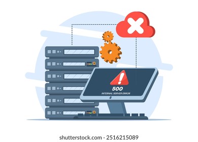 Concept 500 Internal server error, Website error, Network error, Cloud computing. Flat vector illustration for landing page, web design, banner, infographic.