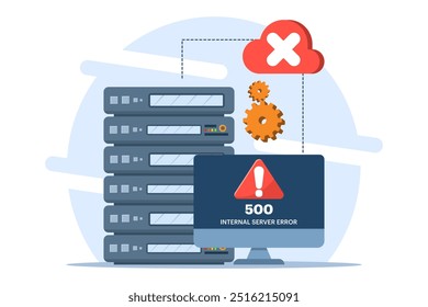 Concept 500 Internal server error, Website error, Network error, Cloud computing. Flat vector illustration for landing page, web design, banner, infographic.