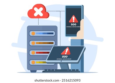 Concept 500 Internal server error, Website error, Network error, Cloud computing. Flat vector illustration for landing page, web design, banner, infographic.