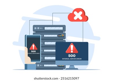 Concept 500 Internal server error, Website error, Network error, Cloud computing. Flat vector illustration for landing page, web design, banner, infographic.