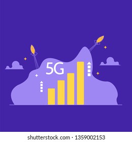 Concept of 5G Internet connection with rocket. Mobile phone in hand. Network system in clouds. Vector illustration in flat design