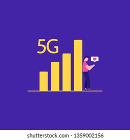 Concept of 5G Internet connection with rocket. Mobile phone in hand. Network system in clouds. Vector illustration in flat design