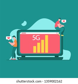 Concept of 5G Internet connection with rocket. Mobile phone in hand. Network system in clouds. Vector illustration in flat design