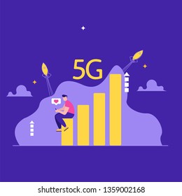 Concept of 5G Internet connection with rocket. Mobile phone in hand. Network system in clouds. Vector illustration in flat design