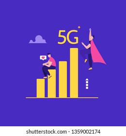 Concept of 5G Internet connection with rocket. Mobile phone in hand. Network system in clouds. Vector illustration in flat design