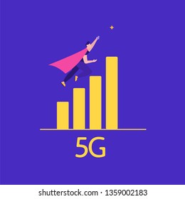 Concept of 5G Internet connection with rocket. Mobile phone in hand. Network system in clouds. Vector illustration in flat design