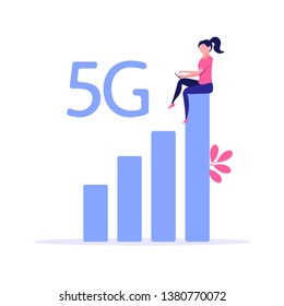 Concept of 5G Internet connection with rocket. Mobile phone in hand of people. Network system in vector illustration in cartoon design