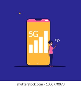 Concept of 5G Internet connection with rocket. Mobile phone in hand of people. Network system in vector illustration in cartoon design