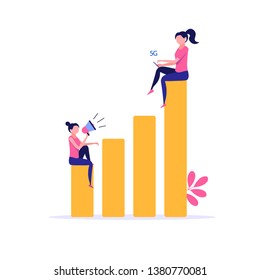 Concept of 5G Internet connection with rocket. Mobile phone in hand of people. Network system in vector illustration in cartoon design