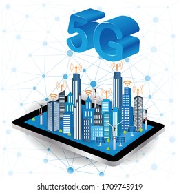 Concept of 5G internet connection technology. Smart City on a digital touch screen tablet with different icon and elements and environmental care.