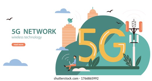 Concept for 5G website wireless technology. Flat illustration with a tiny character, an Internet tower, buildings, an Internet signal and 5G capital letters. For website or application design.