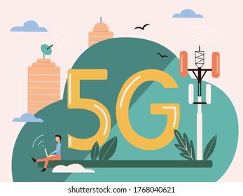 Concepto de tecnología inalámbrica para sitios web 5G. Ilustración plana con un carácter minúsculo, torre de Internet, edificios, señal de Internet y letras mayúsculas 5G. Para diseño de sitio web o aplicación.
