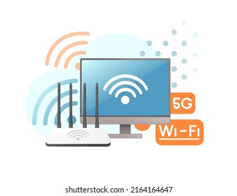 Concept of 5G and Wi-Fi ethernet connection with monitor and wireless router vector illustration on white background