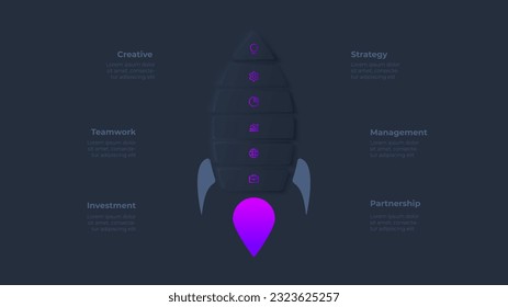 Concept of 6 steps to start work project. Infographic design template. Neumorphic rocket illustration on the dark background