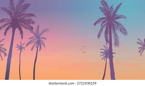 Konzept 6 Sonnenuntergang mit den Palmen auf buntem Hintergrund. Vektorgrafik