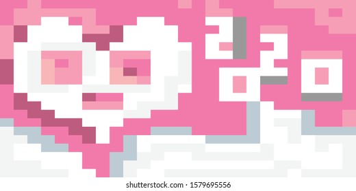Concept 8 Bit: White heart shaped doodle with a smile placed on a pink ground on Valentines Day 2020. The concept of marriage