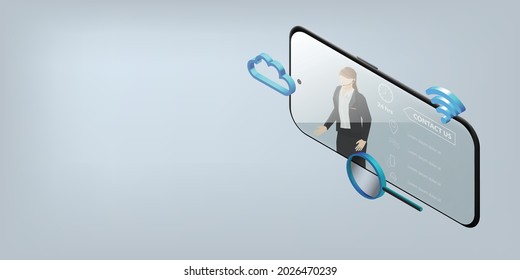 Concept about Contact us offered by smartphone with woman who acts as a call center for providing information to customers and isometric 3D objects such as clouds wifi and magnifying glass