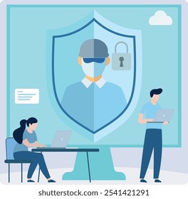 The concept is about cybersecurity and data protection.  The shielded figure represents a protected system or user, while the people with laptops represent working within a protected network.