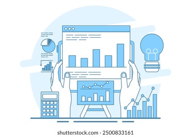 Konzept über Datenanalyse, Geschäftsanalyse, Marktforschung, Produkttests, Unternehmensgewinn- und -verlustbericht, Web Report Dashboard Monitor und Datenanalyseforschung, Unternehmensmanagement.