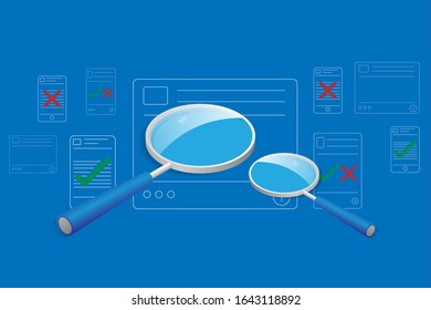 Concept about fake news in social media, big magnifier in the center is screening the content in the electronic devices which contain green check mark and red wrong mark symbol in blue background.