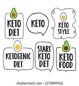 Concept about ketogenic diet. Set of vector badges, icons with lettering, hand drawn icon illustration on white background.