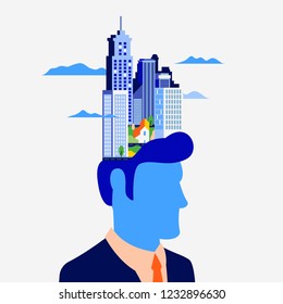 Concept about the processes of thinking of man. Creating ideas in the head, creative profession. Creative fantasy thinking vector illustration. Mechanism of the brain, thinking worker. Man's world