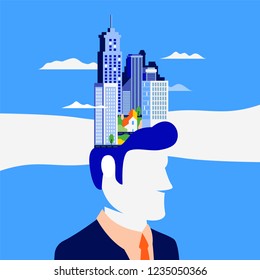 Concept about the processes of thinking of man. Creating ideas in the head, creative profession. Man's world. Creative fantasy thinking vector illustration. Mechanism of the brain, thinking worker. 
