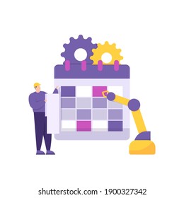 A Concept About Production Management, Operator Supervisor, Factory Workers. Illustration Of A Man Making A Schedule For Shift Work. Job Or Profession. Flat Style. Vector Design Element