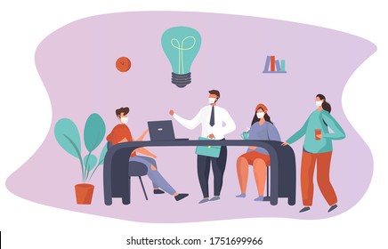 Concepto de trabajo en equipo con trabajadores sentados en el escritorio durante la cuarentena en máscaras médicas.Proyecto de empresa de construcción.Proceso de empresa de grupo.Conferencia de trabajo.Ilustración de vectores planos