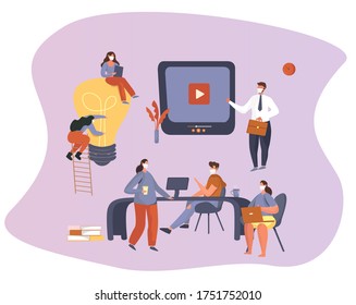 Konzept für die Zusammenarbeit mit Mitarbeitern.Sitzen am Arbeitsplatz während der Quarantäne in medizinischen Masken.Construction Business Project.Group Company Process.Work Conference.Flat Vector Illustration