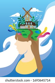 Concept about women's thinking processes. Creating ideas in the head, creative profession. Creative fantasy thinking vector illustration. Brain mechanism. EPS, banner.