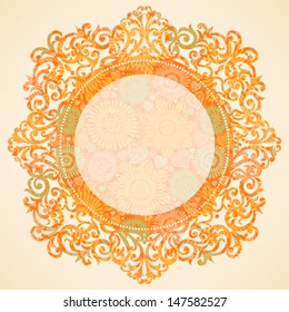 Concept abstract autumn frame with space for text. Ornament frame in Victorian style. Element for design. It can be used for decorating of invitations, greeting cards, decoration for bags and clothes.