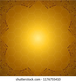 The concept abstract brown, yellow and black elements with shapes. Lines, Dots, Slanting lines and straight lines  with hexagon circuit boards elements on dark brown background. Vector illustration.
