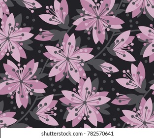 Concept abstract floral seamless pattern. Black and violet flower motif for surface design, fabric. Spring sakura cherry blossom background.