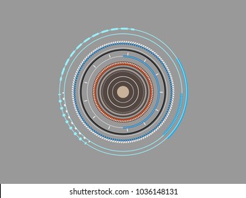 The concept abstract geometric elements with circles shapes, square, straight lines, arrow with blue, orange, brown, black and white color on gray technology background. Vector illustration for your d