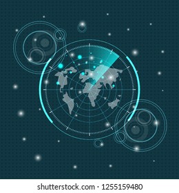 The concept abstract geometric elements with circles, dots light, square grid lines and digital blue radar screen. Scientific futuristic interface. Circuit board plus on green technology background